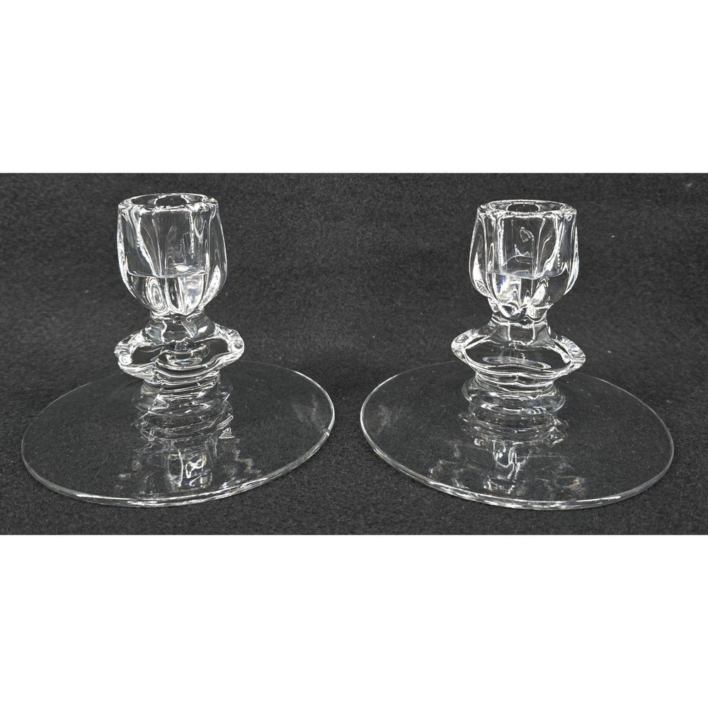 2 Vtg Duncan Miller Canterbury Glass Taper Candle Holders 1940s 4.5x3.25" MCM